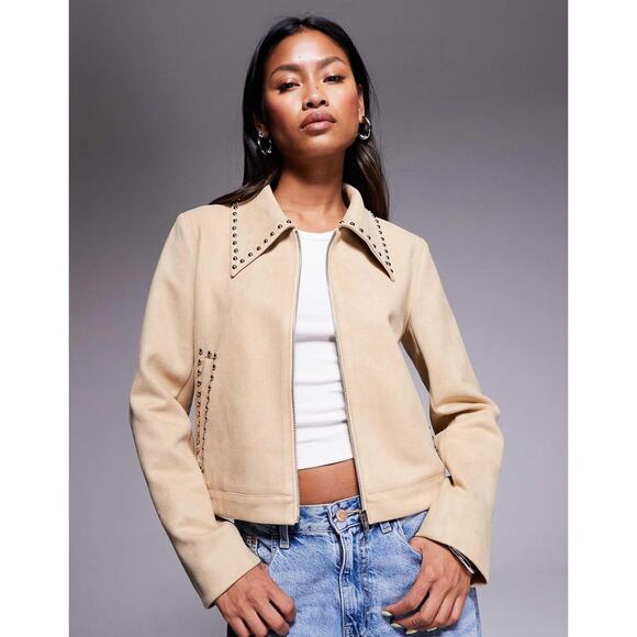 Princess Polly Jackets & Blazers - Princess Polly Faux Suede Jacket Womens XS 0 Beige Studded Western Cowgirl